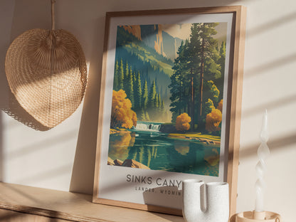 Sinks Canyon Matte Border Poster | Lander, Wyoming Travel Wall Art — styled in a modern interior