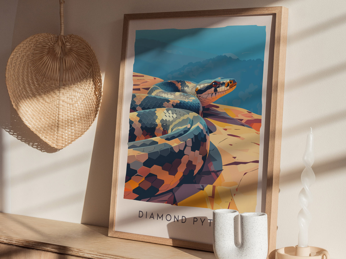 Diamond Python, Australia Poster | Serpent in the Sunlit Canopy Wall Art — styled in a modern interior