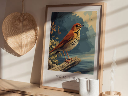 Wood Thrush Poster | Forest Songbird Nature Illustration Wall Art — styled in a modern interior