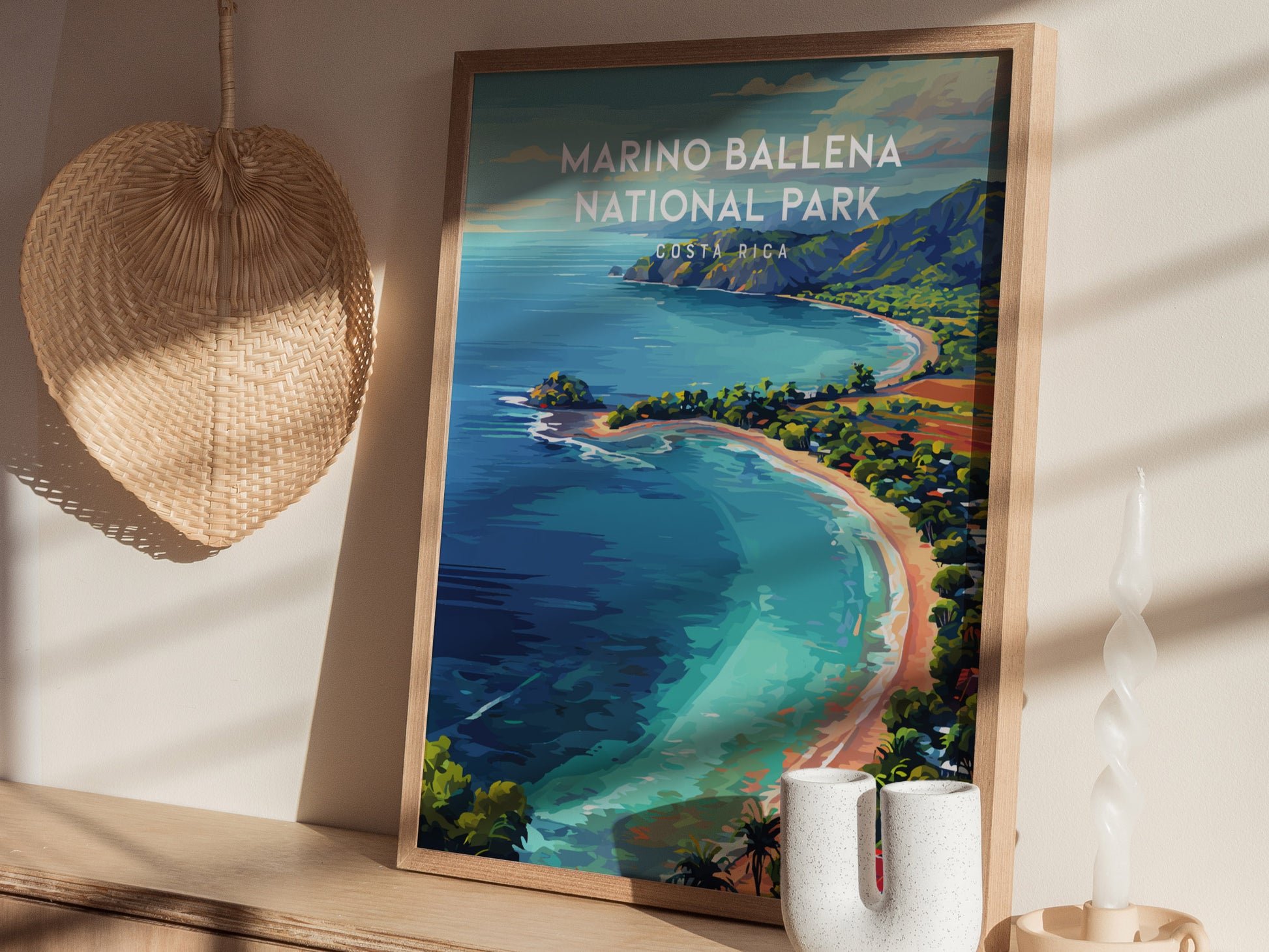 Marino Ballena National Park, Costa Rica Poster | Whale Tail Beach Tropical Wall Art — styled in a modern interior