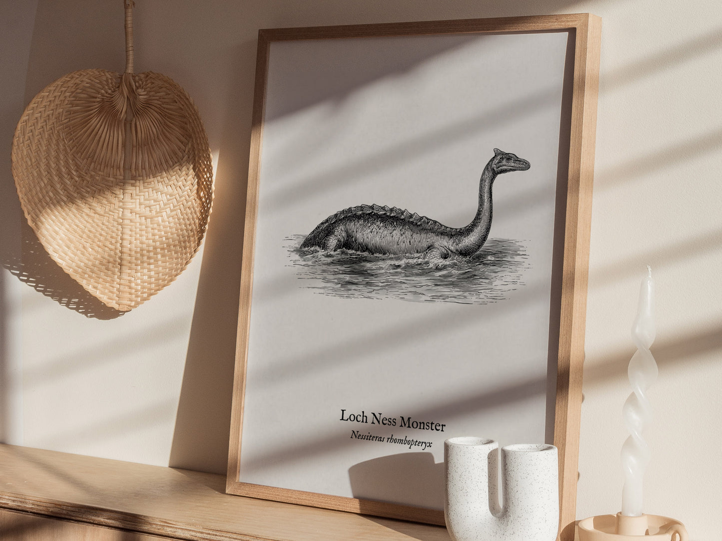 Loch Ness Monster Poster | Vintage Nessiteras rhombopteryx Zoological Illustration Wall Art — styled in a modern interior