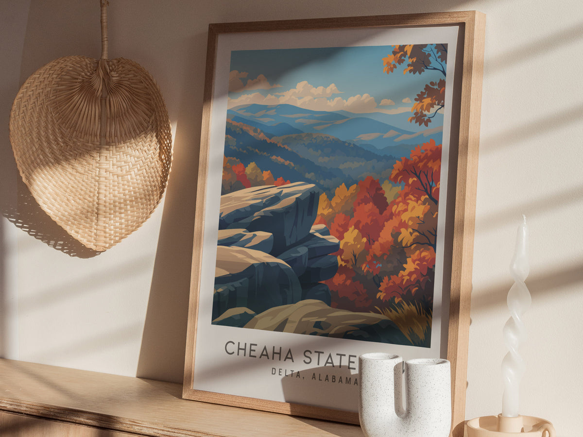Cheaha State Park Matte Border Poster | Delta, Alabama Destination Print Travel Wall Art — styled in a modern interior