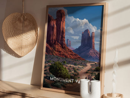 A framed Monument Valley poster featuring red sandstone mesas and blue skies is displayed on a shelf, accompanied by a woven basket and a decorative candle.