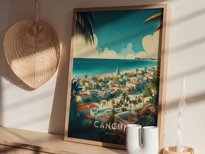 A framed poster depicting a vibrant Cancun beach scene with turquoise waters and colorful buildings sits on a wooden shelf, next to a woven wall decoration and a sculptural candle.