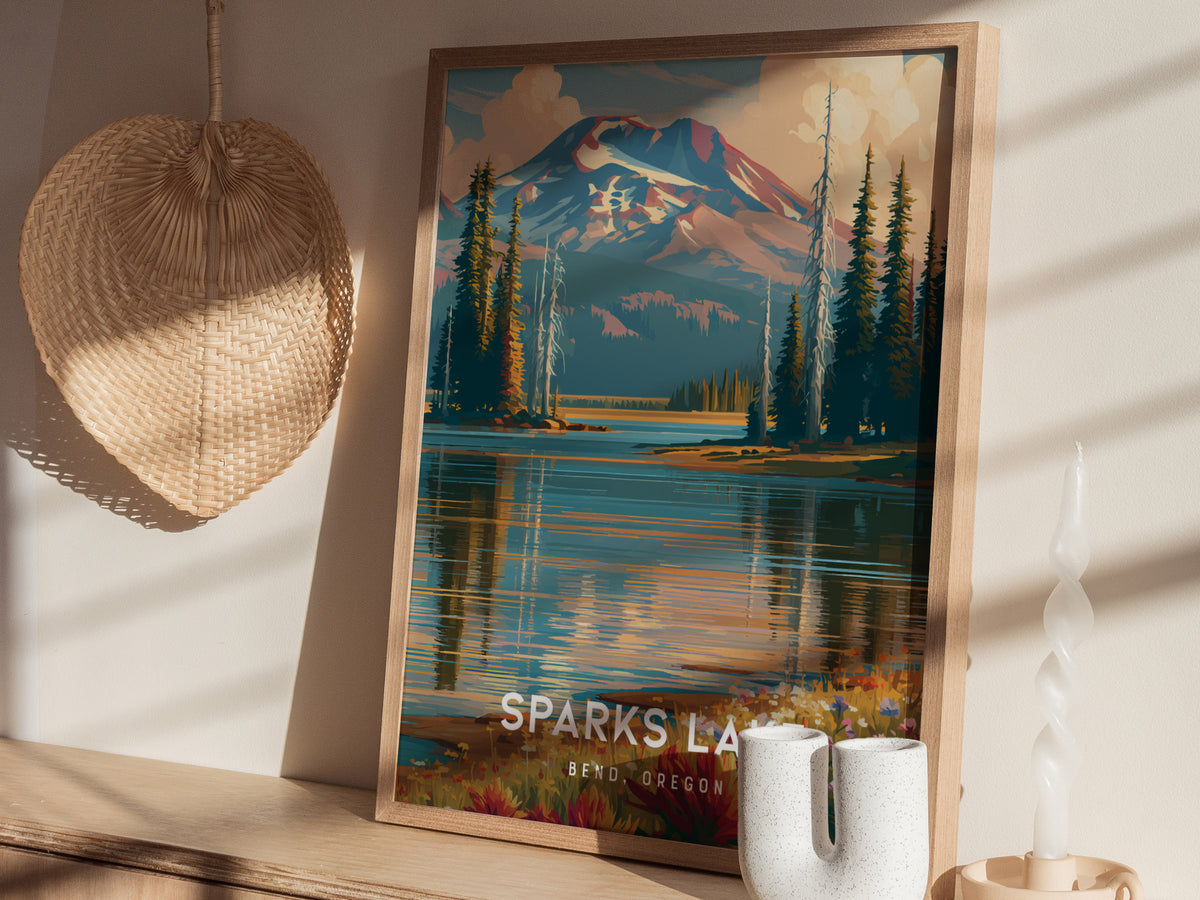 Sparks Lake, Bend, Oregon Poster | Mountain Reflections Vacation Wall Art — styled in a modern interior