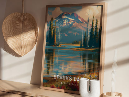 Sparks Lake, Bend, Oregon Poster | Mountain Reflections Vacation Wall Art — styled in a modern interior