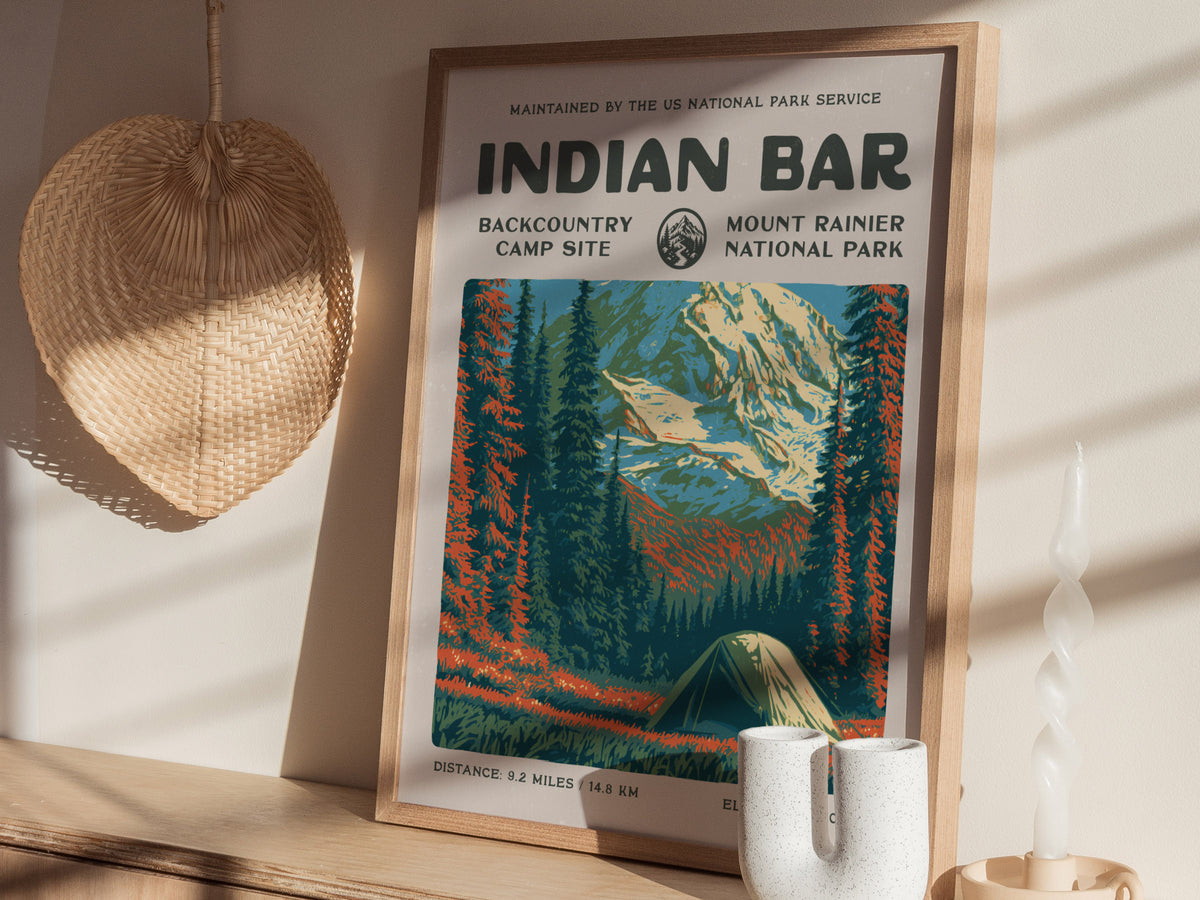 Indian Bar, Mount Rainier National Park Poster | Hiker Gift | Backcountry Trail Wall Art — styled in a modern interior