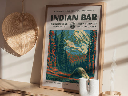 Indian Bar, Mount Rainier National Park Poster | Hiker Gift | Backcountry Trail Wall Art — styled in a modern interior