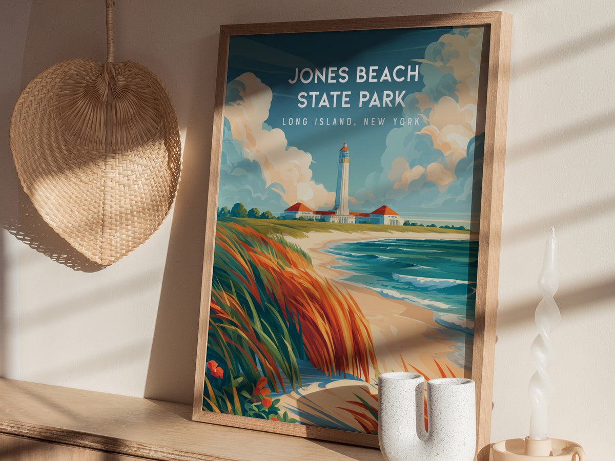 Jones Beach State Park, Long Island, New York Poster | Sun-Drenched Shoreline Destination Print Wall Art — styled in a modern