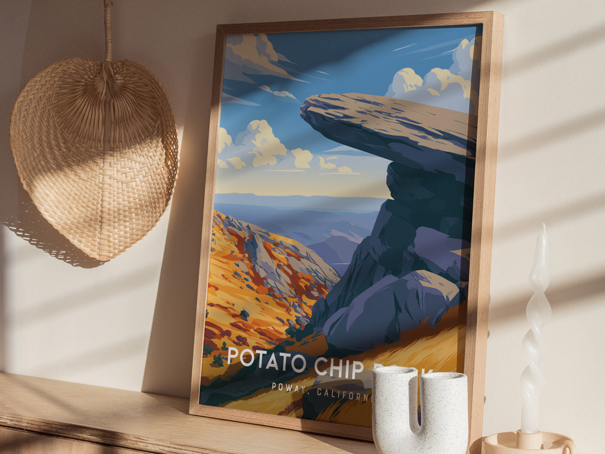 Potato Chip Rock, California Poster | Iconic Balanced Boulder Trail Wall Art — styled in a modern interior