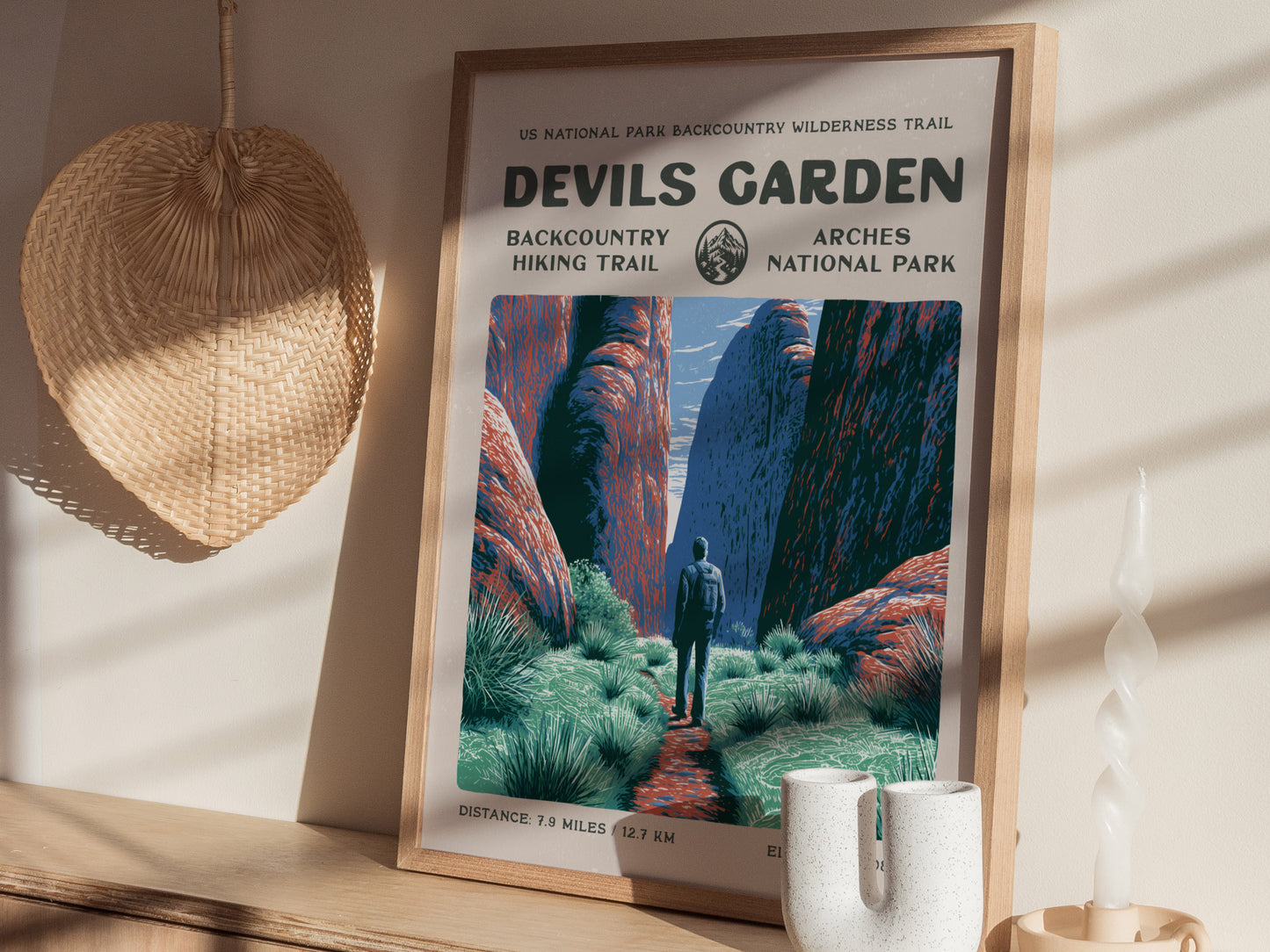 Devils Garden, Arches National Park Poster | Hiker Gift | Sandstone Fins & Arches Wall Art — styled in a modern interior