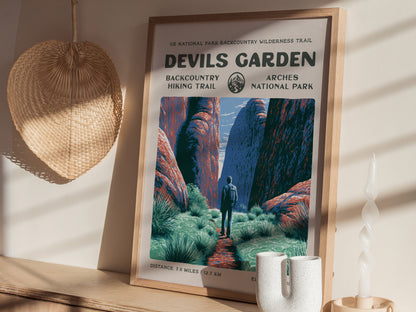 Devils Garden, Arches National Park Poster | Hiker Gift | Sandstone Fins & Arches Wall Art — styled in a modern interior