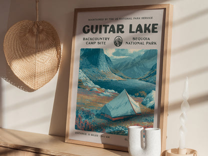 Guitar Lake, Sequoia National Park Poster | Hiker Gift | Backcountry Trail Wall Art — styled in a modern interior