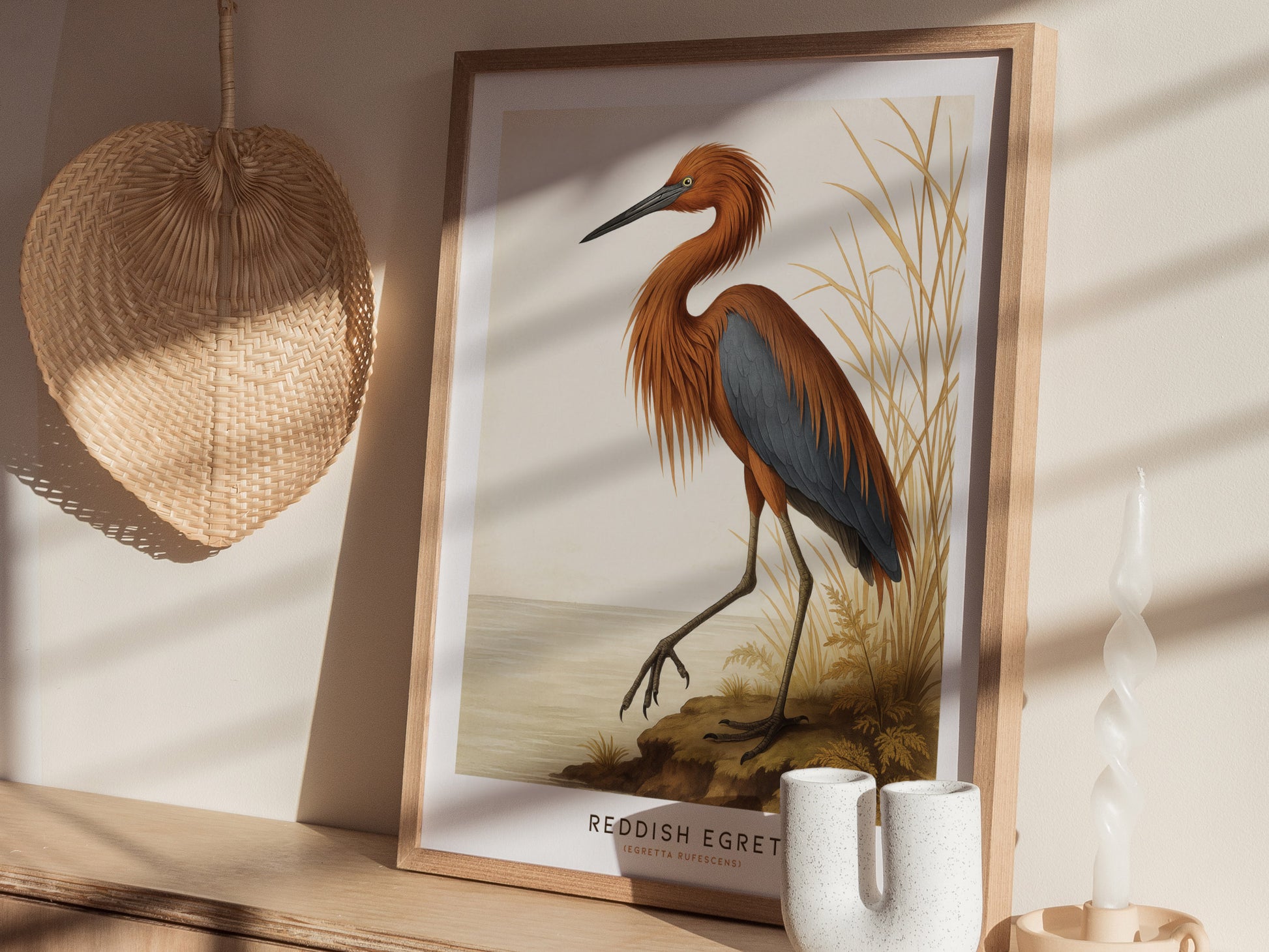 A framed poster featuring a detailed illustration of a Reddish Egret is displayed on a wooden surface. The wall art is accompanied by decorative items, including a woven fan and a twisted candle, creating a warm, artistic ambiance.