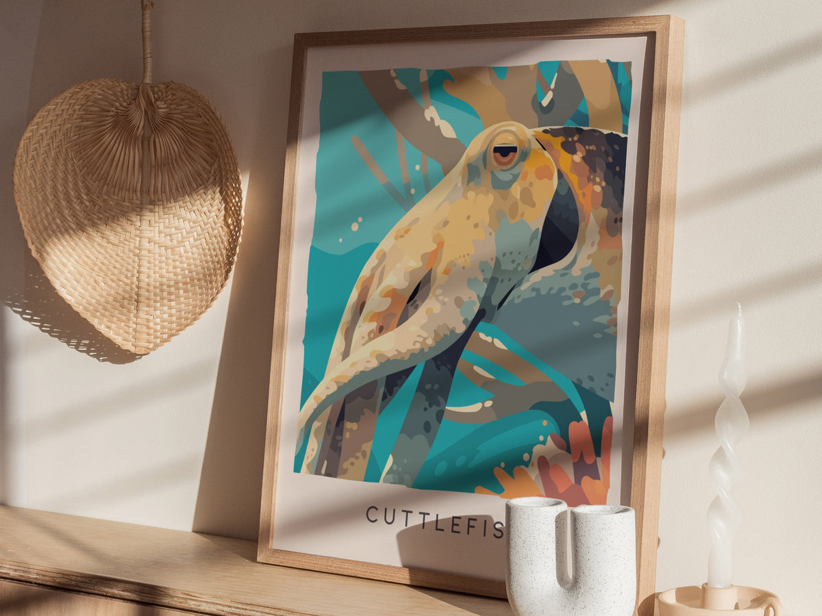 Cuttlefish Wildlife Poster | Vibrant Ocean Cephalopod Art Wall Art — styled in a modern interior