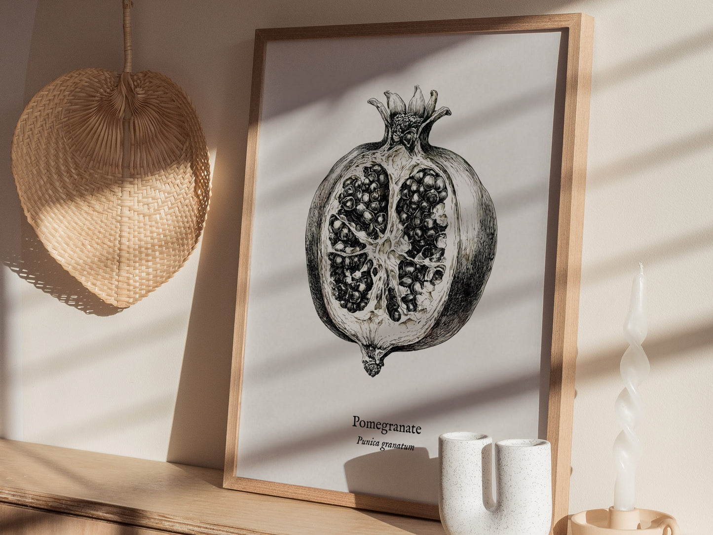 Pomegranate Poster | Vintage Punica granatum Botanical Illustration Wall Art — styled in a modern interior