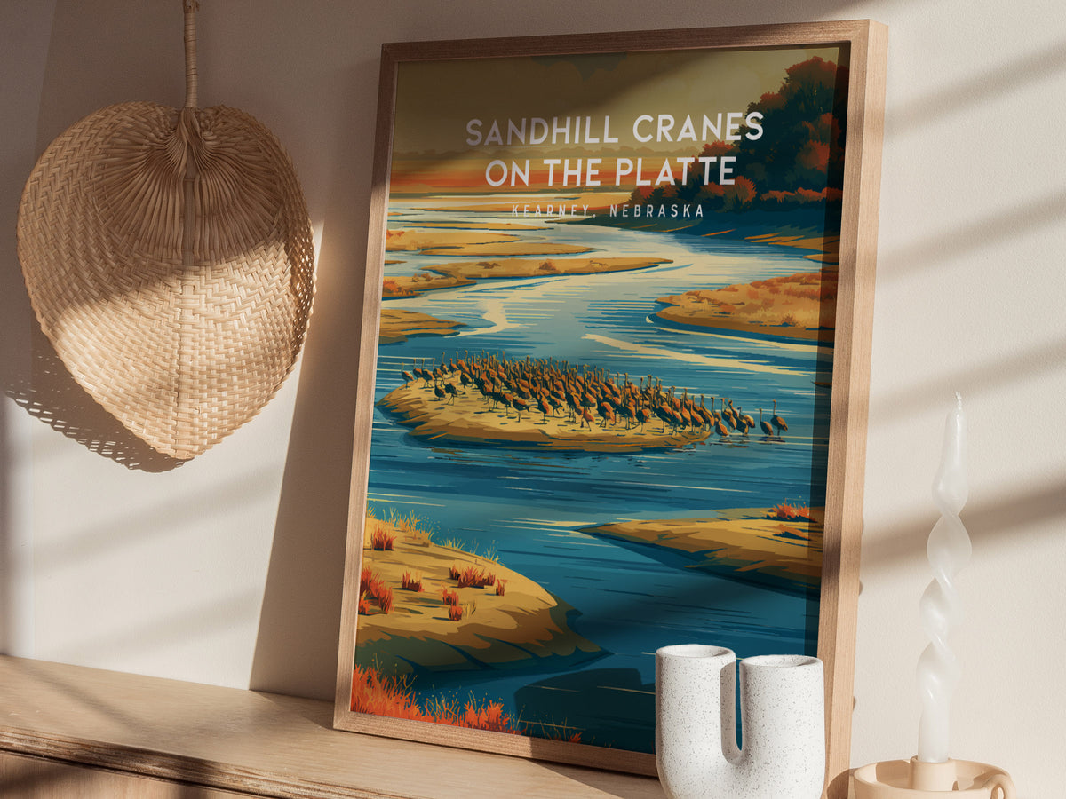 Sandhill Cranes on the Platte, Kearney, Nebraska Poster | Prairie Wildlife Travel Wall Art — styled in a modern interior