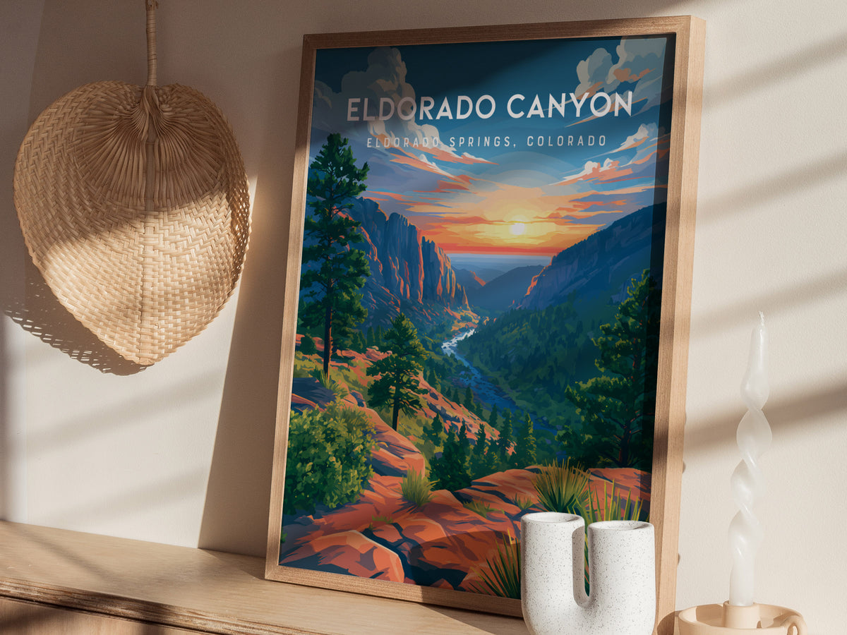 Eldorado Canyon, Eldorado Springs, Colorado Poster | Rocky Mountain Adventure Framed or Unframed Wall Art — styled in a moder