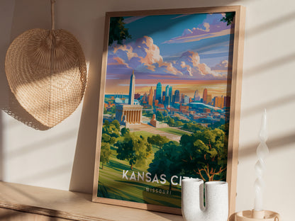 Kansas City, Missouri Poster | BBQ Jazz & Fountains Destination Print Wall Art — styled in a modern interior
