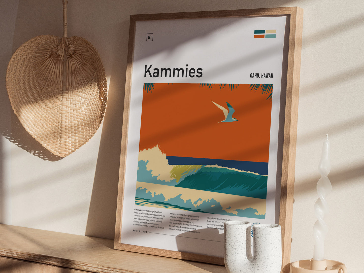 Kammies, Hawaii Poster | Tropical Surf Break Paradise Wall Art — styled in a modern interior
