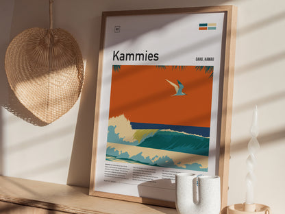 Kammies, Hawaii Poster | Tropical Surf Break Paradise Wall Art — styled in a modern interior