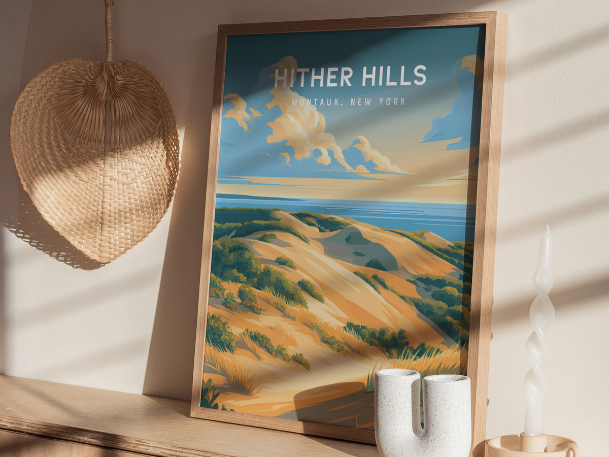 Hither Hills Poster | Montauk, New York Vacation Wall Art Framed or Unframed — styled in a modern interior