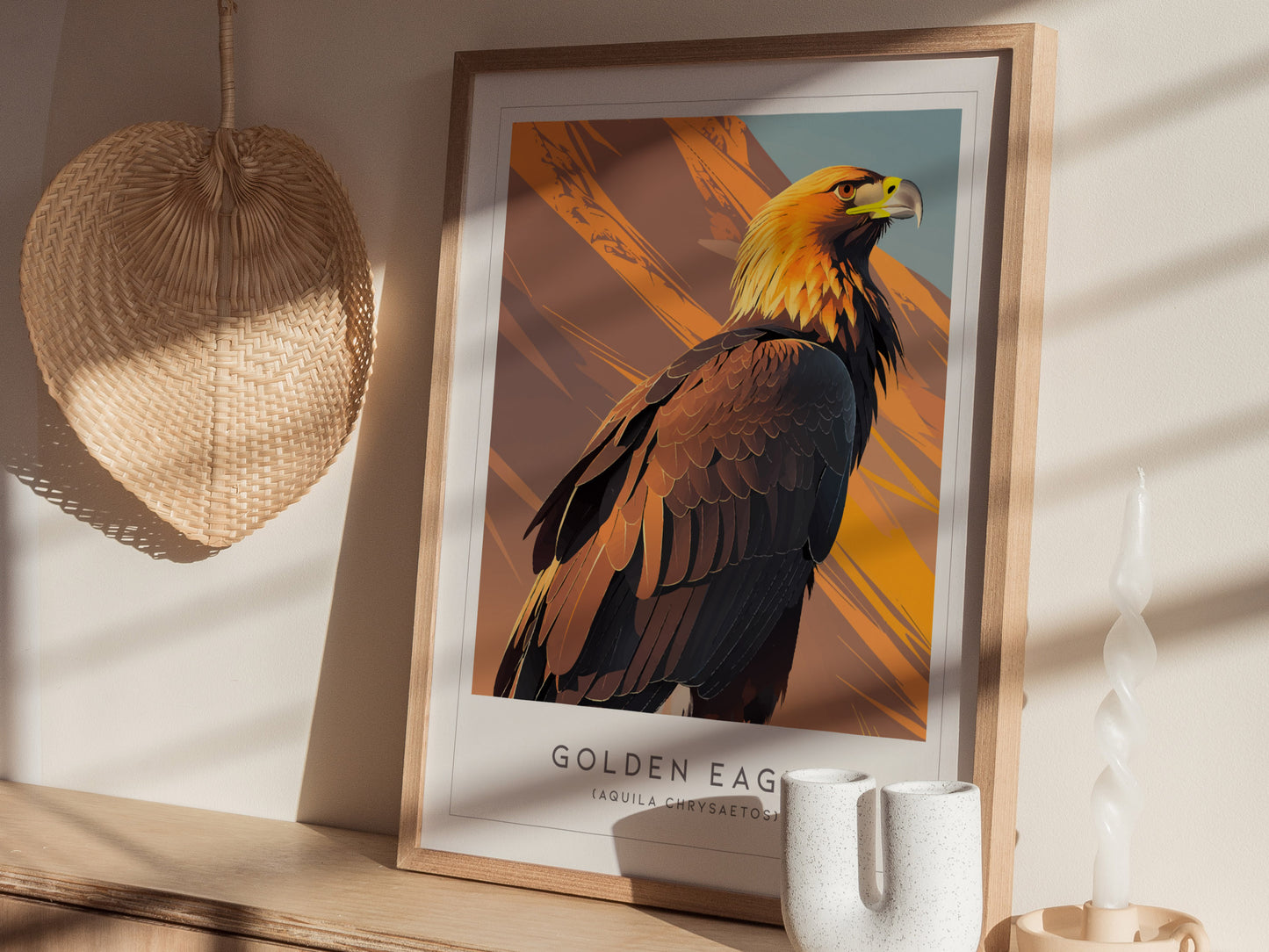 Golden Eagle Poster | Majestic Raptor Mountain Wildlife Wall Art — styled in a modern interior