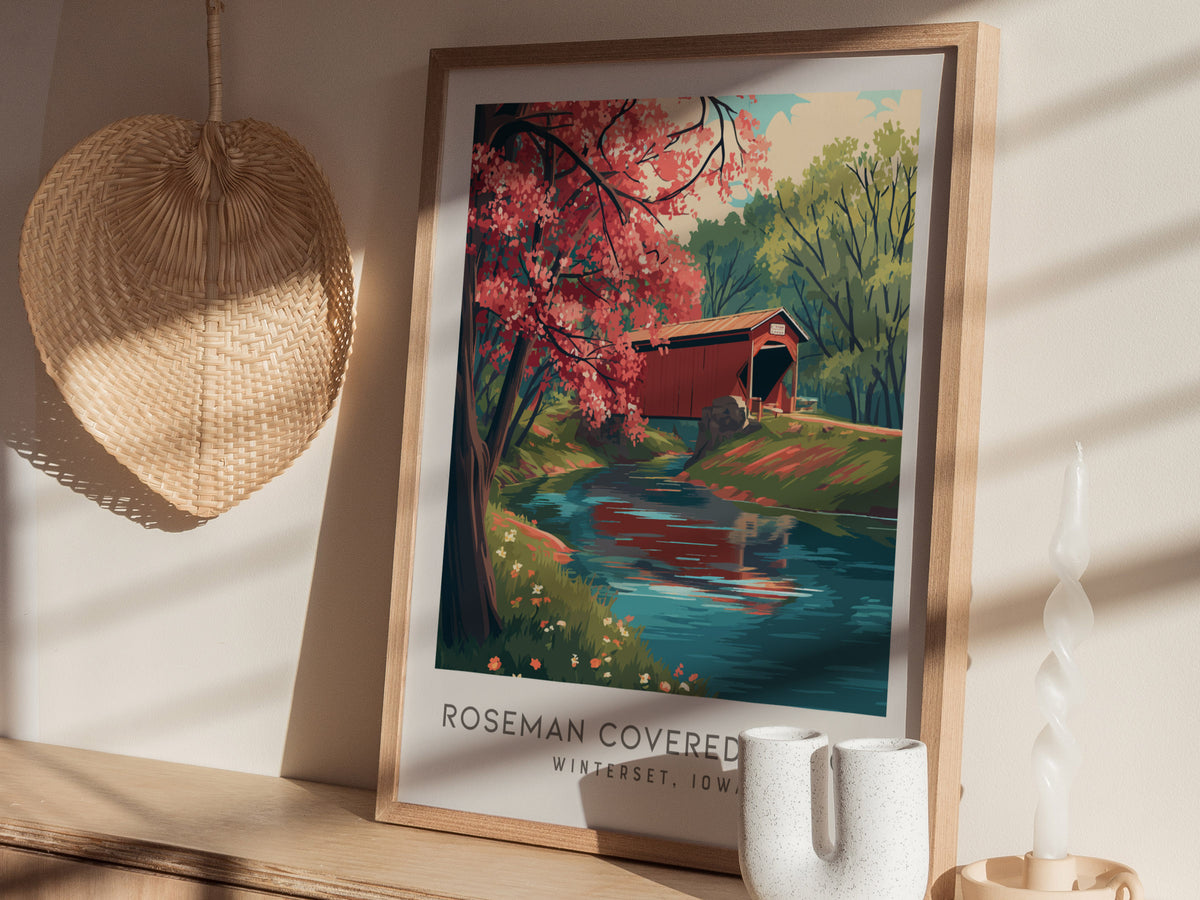 Roseman Covered Bridge Matte Border Poster | Winterset, Iowa Destination Print Travel Wall Art — styled in a modern interior