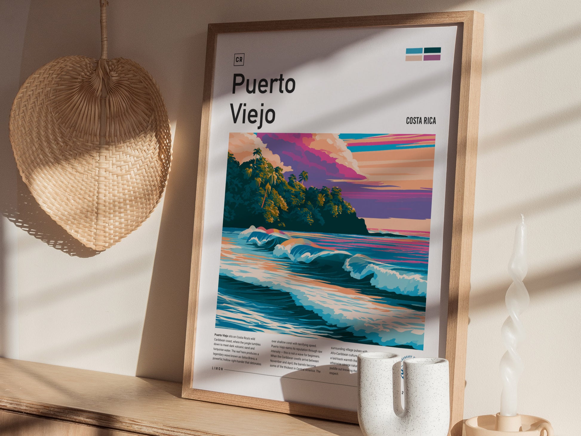 Puerto Viejo, Costa Rica Poster | Tropical Surf & Jungle Paradise Wall Art — styled in a modern interior