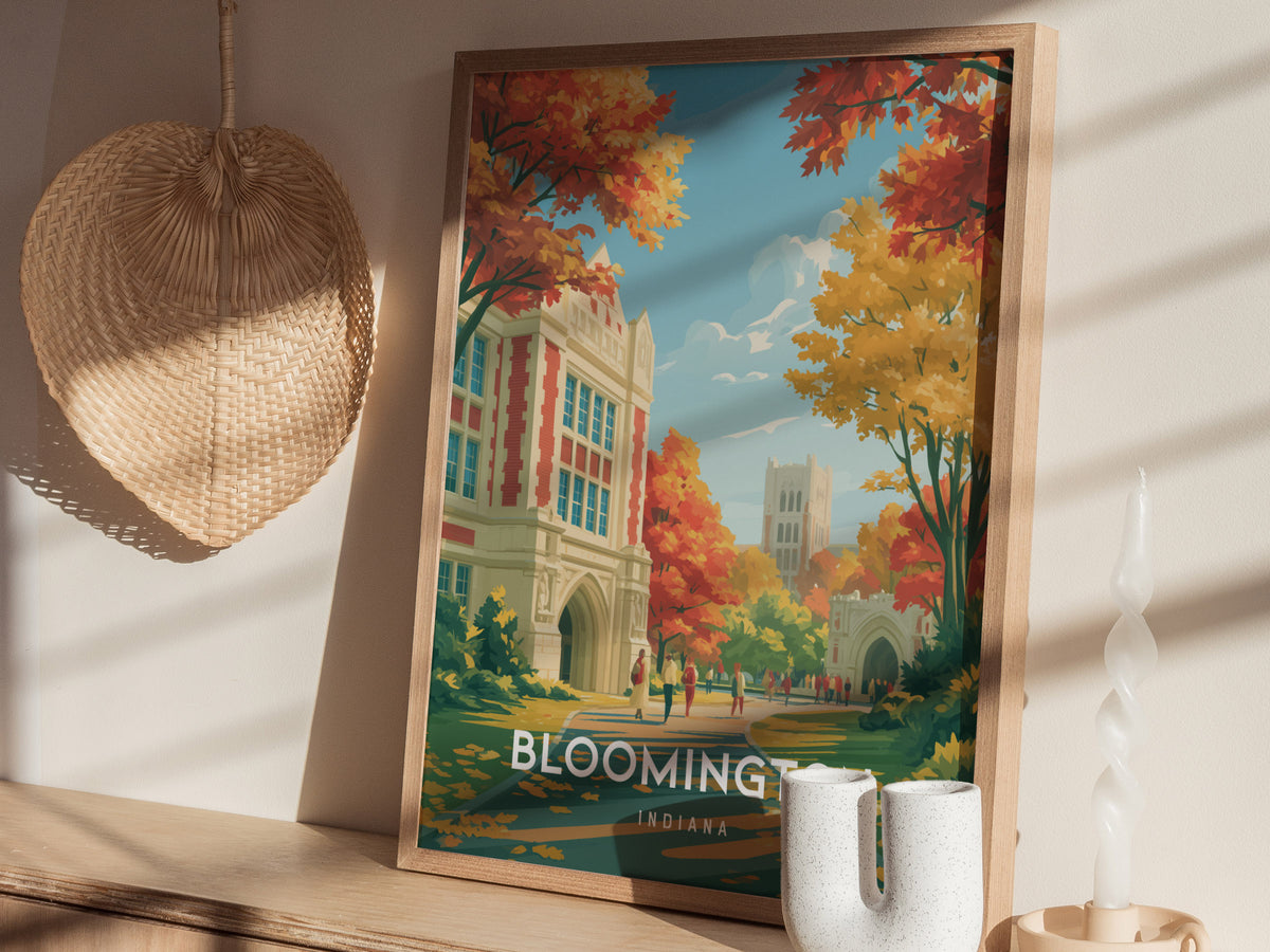 Bloomington, Indiana Poster | College Town Charm Travel Gift Wall Art — styled in a modern interior