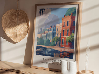 Rainbow Row Matte Border Poster | Charleston South Carolina Travel Wall Art — styled in a modern interior