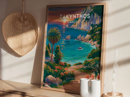 Zakynthos, Greece Poster | Turquoise Shipwreck Cove Destination Print Wall Art — styled in a modern interior
