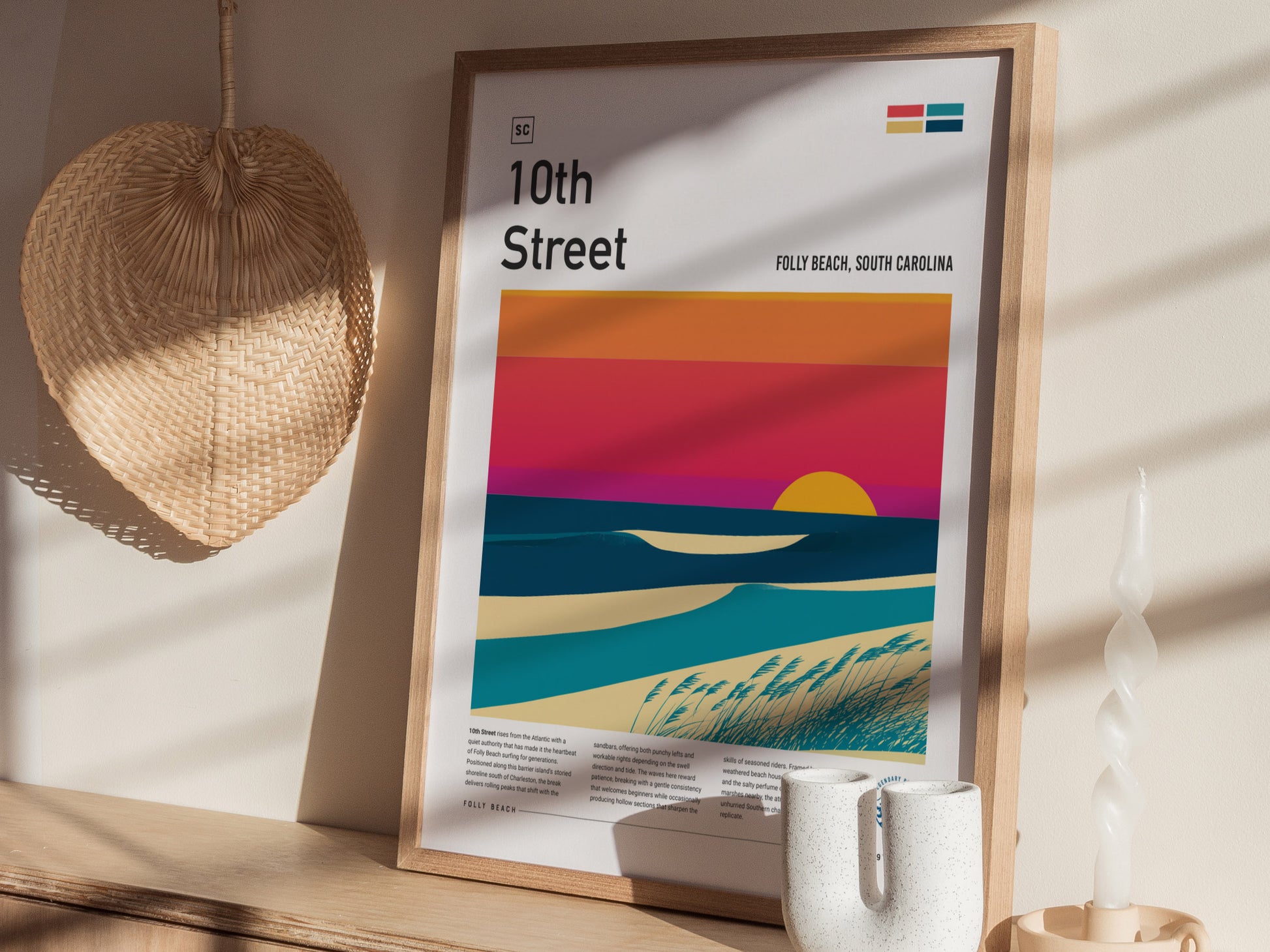 10th Street, Folly Beach, South Carolina Poster | Surf Wall Art & Beach House Decor — styled in a modern interior
