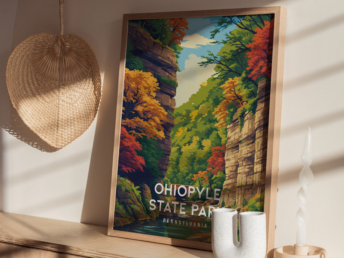 Ohiopyle State Park, Pennsylvania Poster | Waterfall & Wilderness Adventure Wall Art — styled in a modern interior