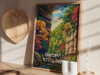 Ohiopyle State Park, Pennsylvania Poster | Waterfall & Wilderness Adventure Wall Art — styled in a modern interior