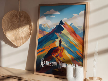 Vibrant Rainbow Mountain poster featuring a hiker atop a colorful peak, showcasing adventure art for travel enthusiasts.