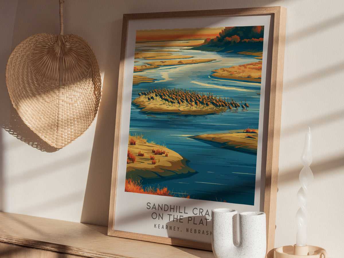 Sandhill Cranes on the Platte Matte Border Poster | Kearney, Nebraska Destination Print — styled in a modern interior