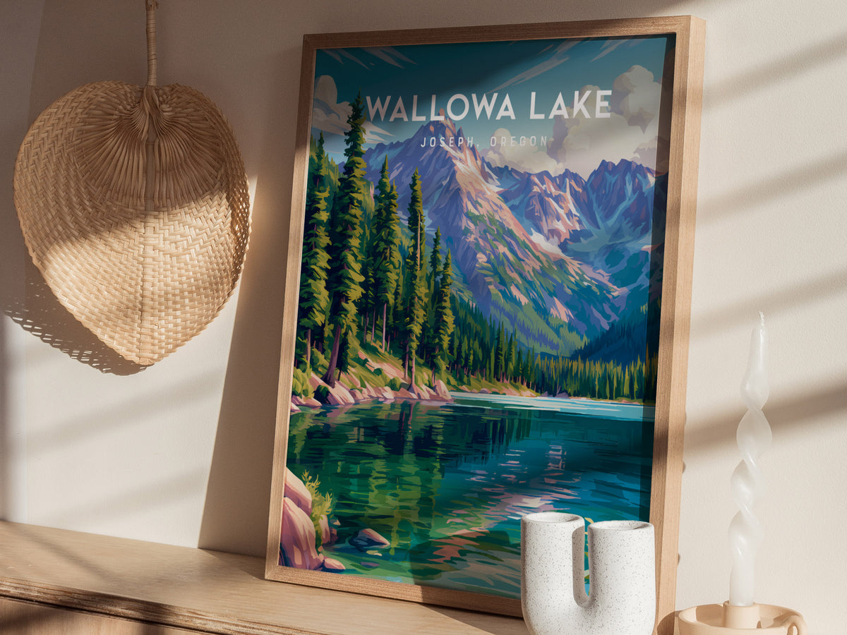 Wallowa Lake, Joseph, Oregon Poster | Mountain Lodge Destination Print Wall Art — styled in a modern interior