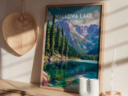 Wallowa Lake, Joseph, Oregon Poster | Mountain Lodge Destination Print Wall Art — styled in a modern interior