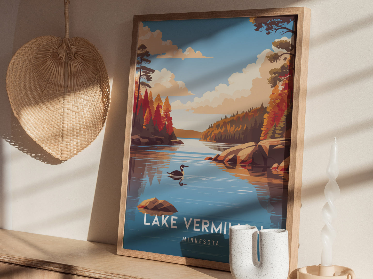 Lake Vermilion, Minnesota Poster | Northwoods Lake & Pine Forest Wall Art — styled in a modern interior