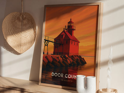 A framed print of a vibrant red lighthouse stands on a rocky shore during sunset, reflecting warm orange and yellow hues in the water. The artwork is titled Door County, Wisconsin, adding a cozy.