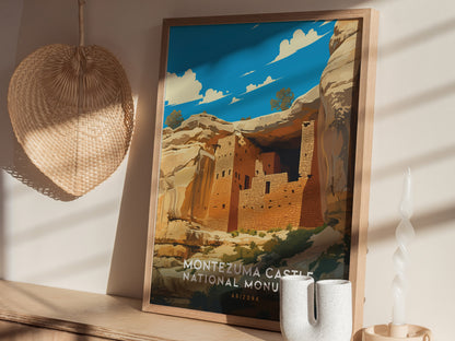 A framed poster of Montezuma Castle National Monument rests on a wooden shelf, next to a woven wall decoration and a twisted white candle. Sunlight casts shadows across the scene.