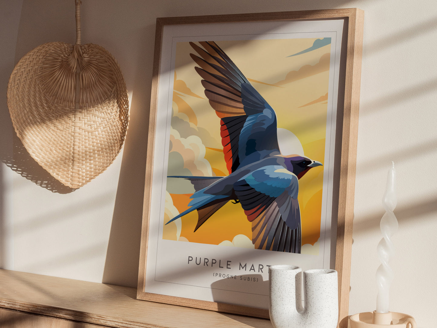 Purple Martin Poster | Graceful Songbird in Golden Light Wall Art — styled in a modern interior