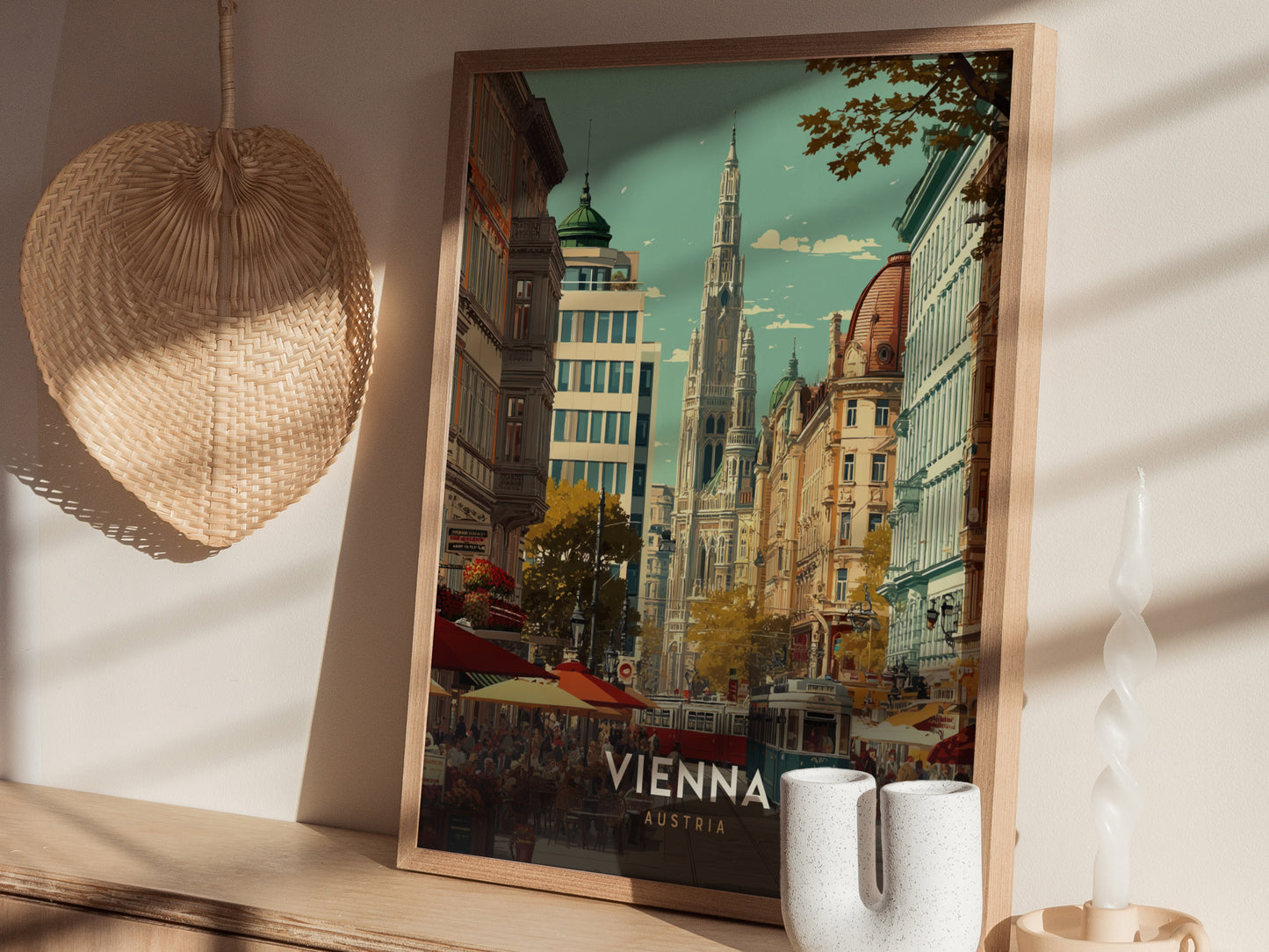 A beautifully framed poster of Vienna, Austria, featuring a vibrant street scene with historic architecture, bustling cafes, and autumn trees.