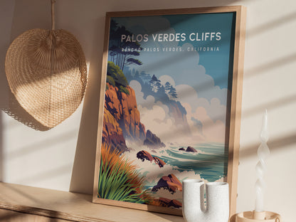 Palos Verdes Cliffs, California Poster | Dramatic Coastal Bluffs Wall Art — styled in a modern interior