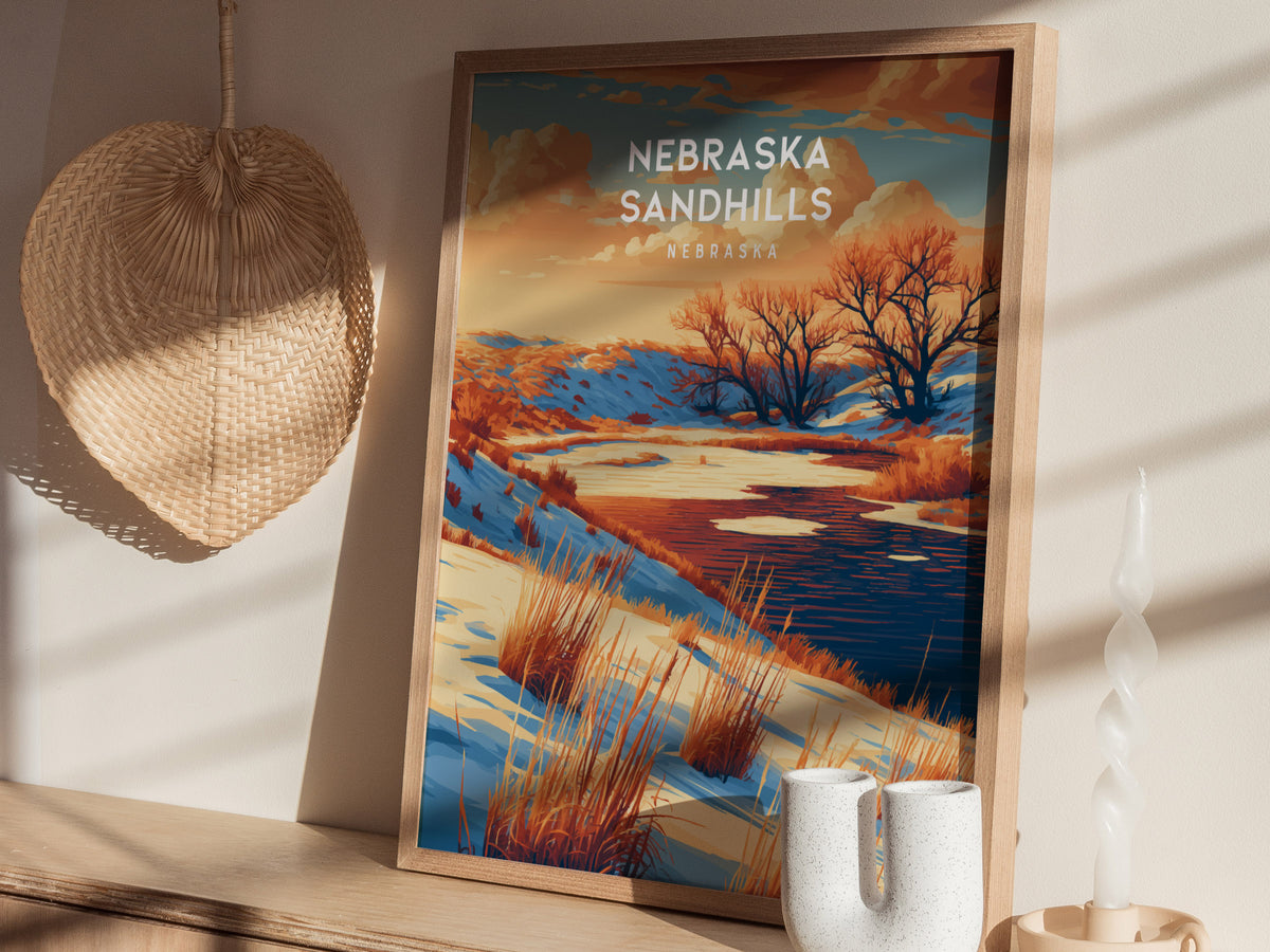 Nebraska Sandhills, Nebraska Poster | Rolling Prairie Grasslands Travel Wall Art — styled in a modern interior