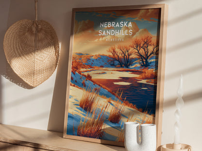 Nebraska Sandhills, Nebraska Poster | Rolling Prairie Grasslands Travel Wall Art — styled in a modern interior
