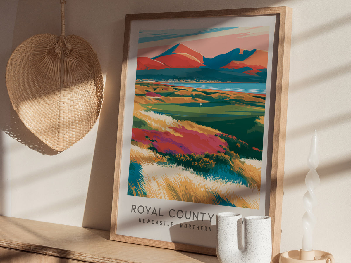 Royal County Down Matte Border Poster | Newcastle, Northern Ireland Golf Course Print Wall Art — styled in a modern interior