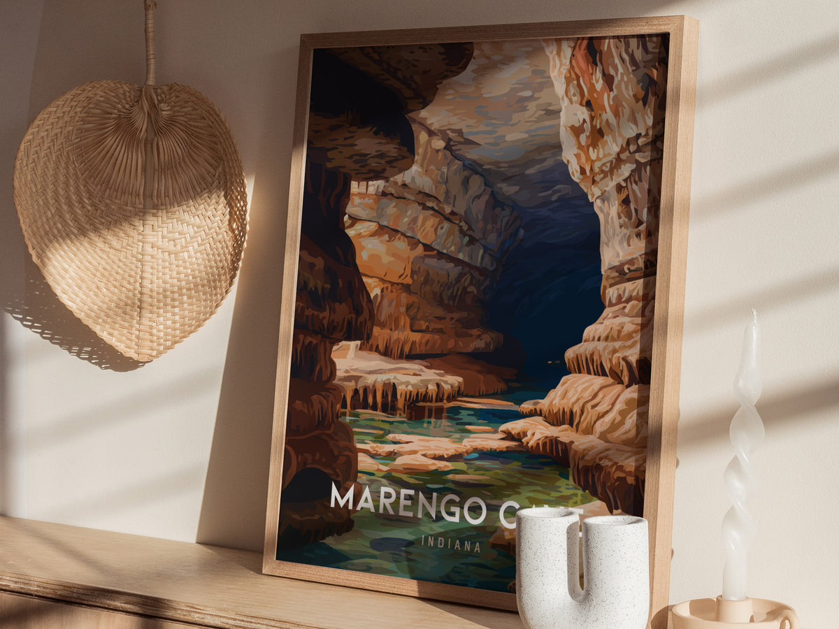 Marengo Cave, Indiana Poster | Underground Adventure Destination Print Wall Art — styled in a modern interior