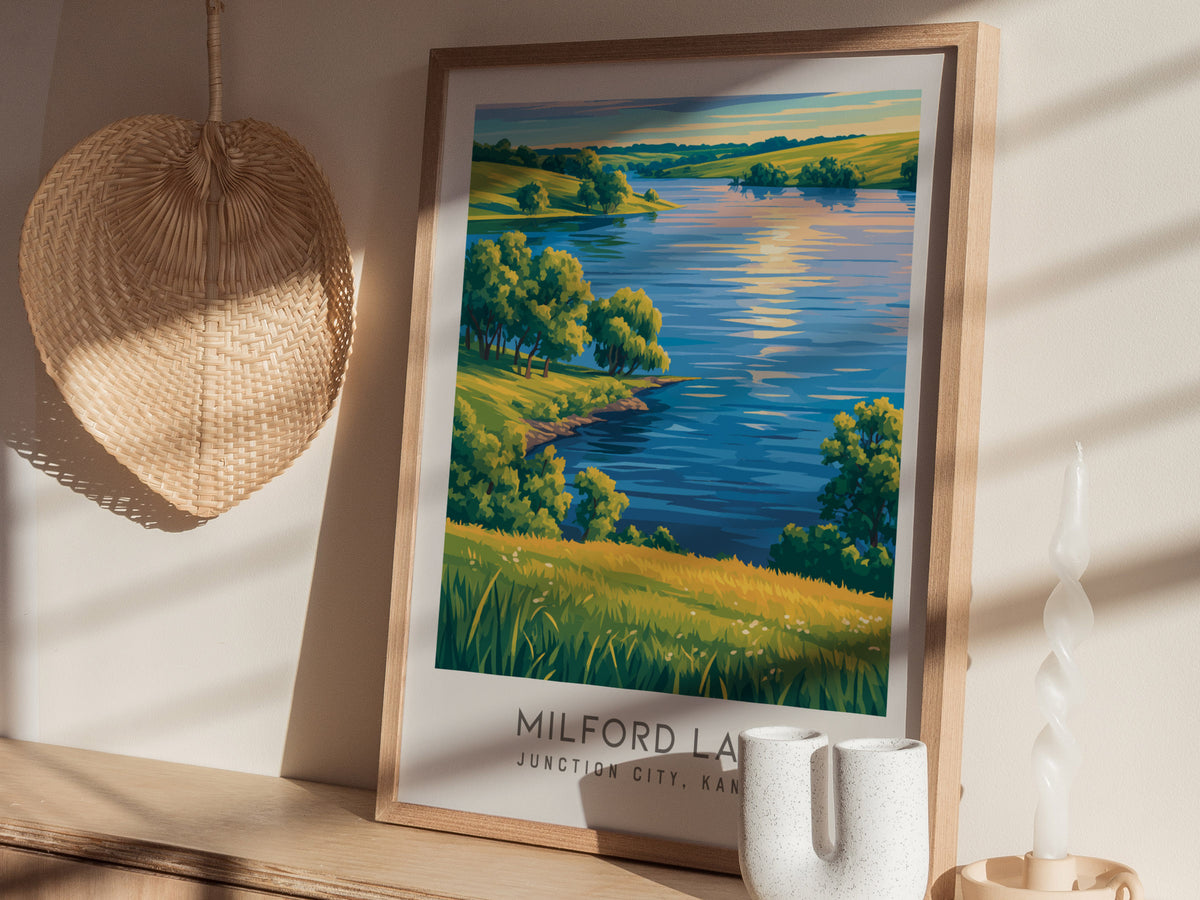 Milford Lake Matte Border Poster | Junction City, Kansas Travel Wall Art — styled in a modern interior